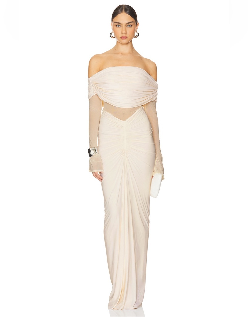 Jolene Gown in Off White - Off-Shoulder Ruched Ivory Evening Gown